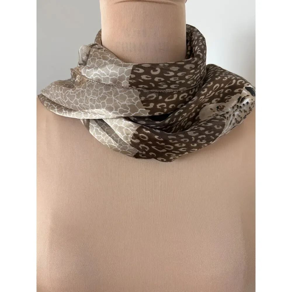 Silky Brown Tones Neck Scarf Patchwork Floral Leopard Giraffe Animal Print